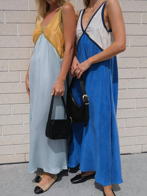 Color Block V Neck Midi Dress