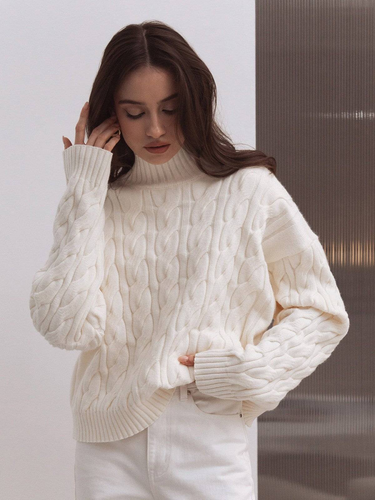 Mock-Neck Cable-Knit Sweater