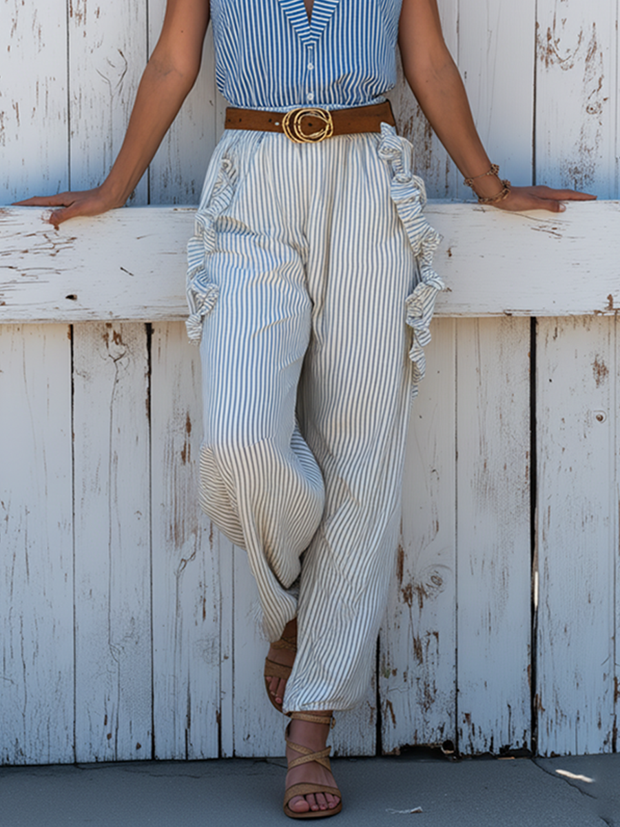 Cotton Linen Blend Striped Sleeveless Top and Wide Leg Pants Set with Ruffle Details