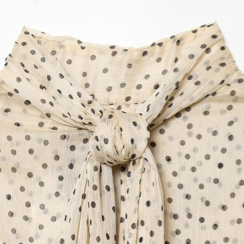 Polka Dot Tie-Neck Ruffle-Cuff Blouse