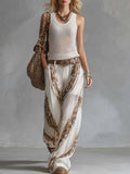 Tie Dye Print and Pleated Design Wide Leg Pants