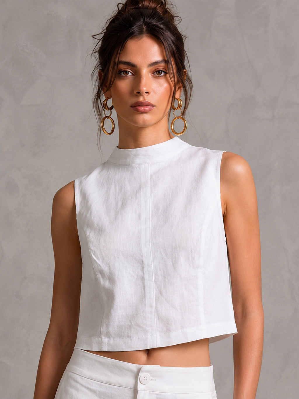 White Linen-Blend Sleeveless Cropped Top with Back Button Detail
