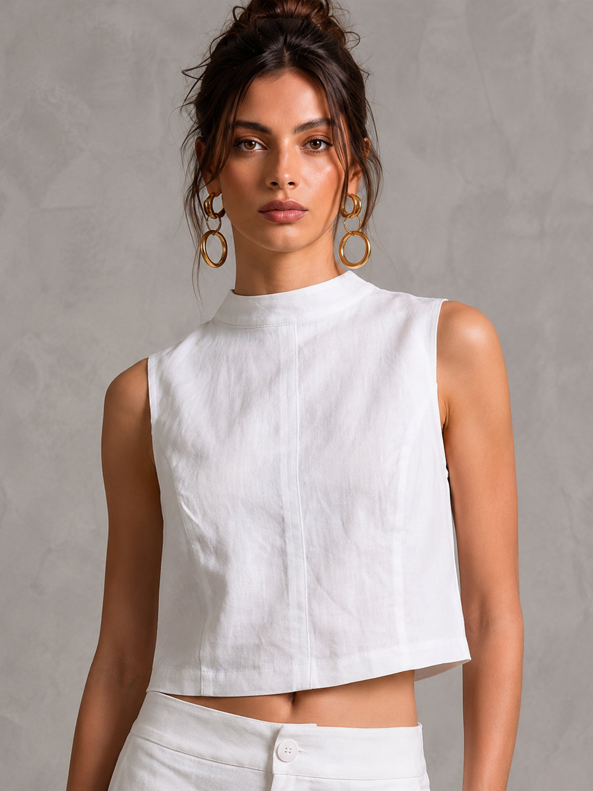 White Linen-Blend Sleeveless Cropped Top with Back Button Detail