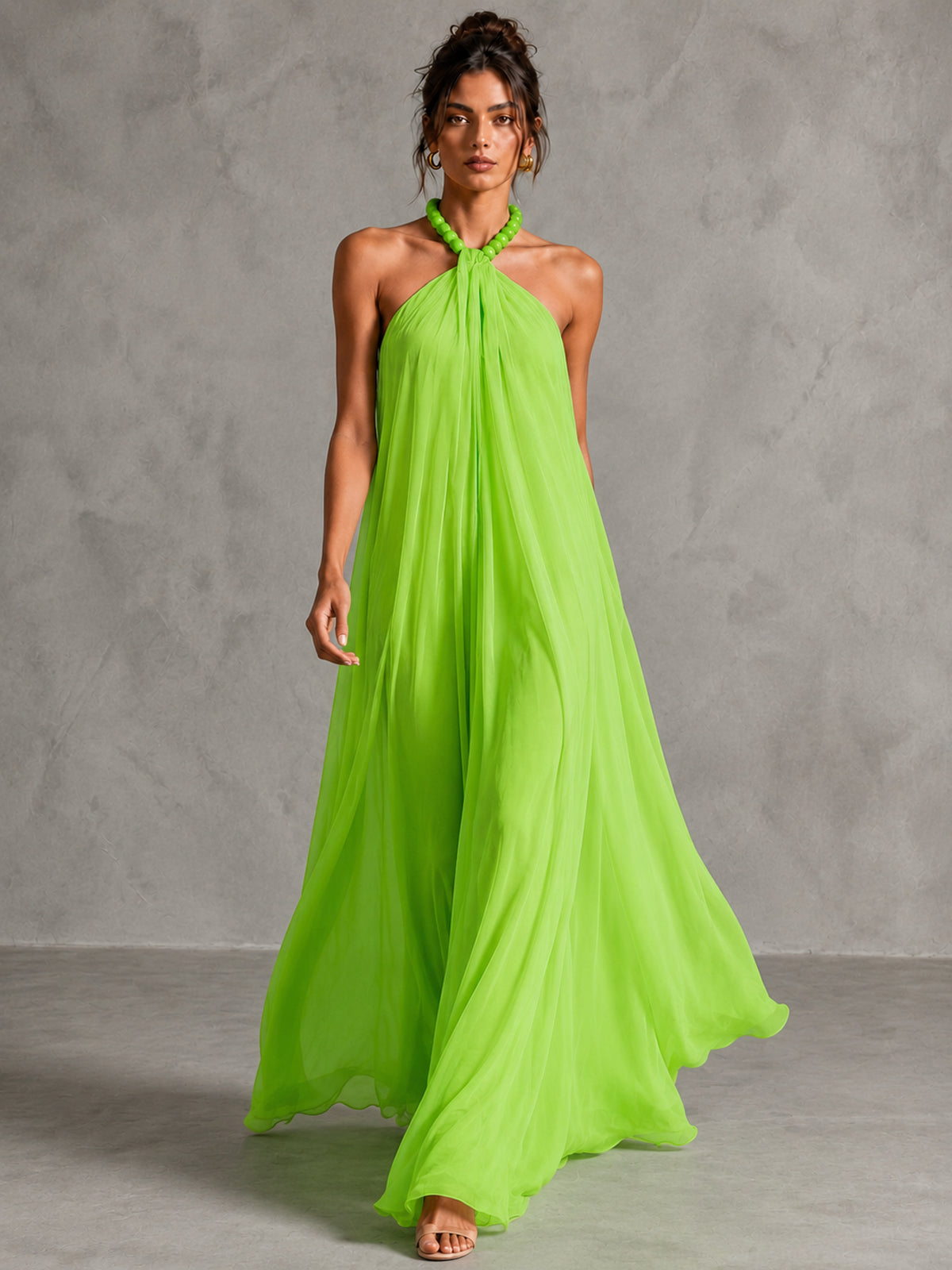 Beaded Halter Pleated Maxi Dress