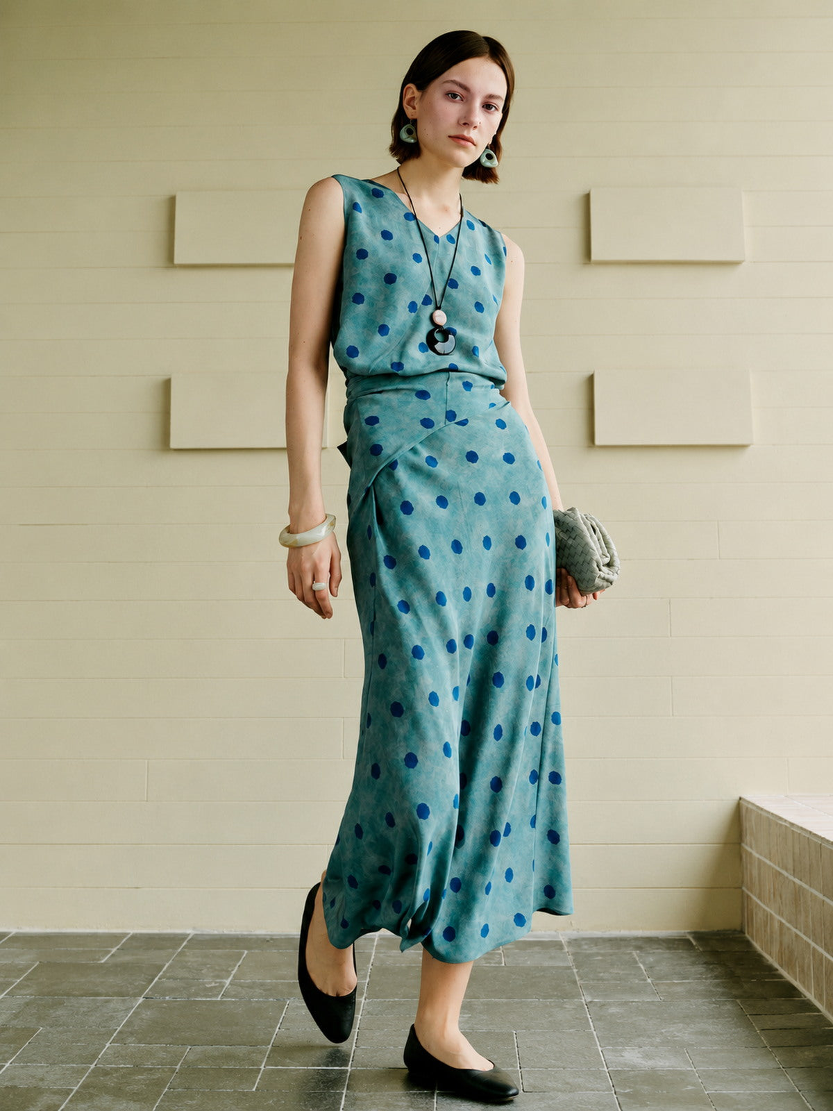 Polka Dot Tie-Waist Silk Satin Maxi Dress