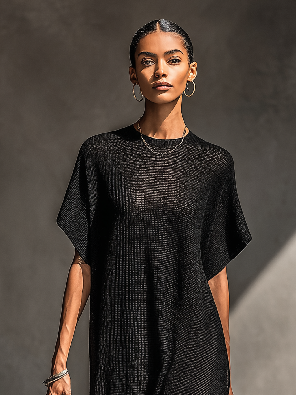 Knitted Cotton Maxi Dress with Loose Fit and Short Sleeve for Women