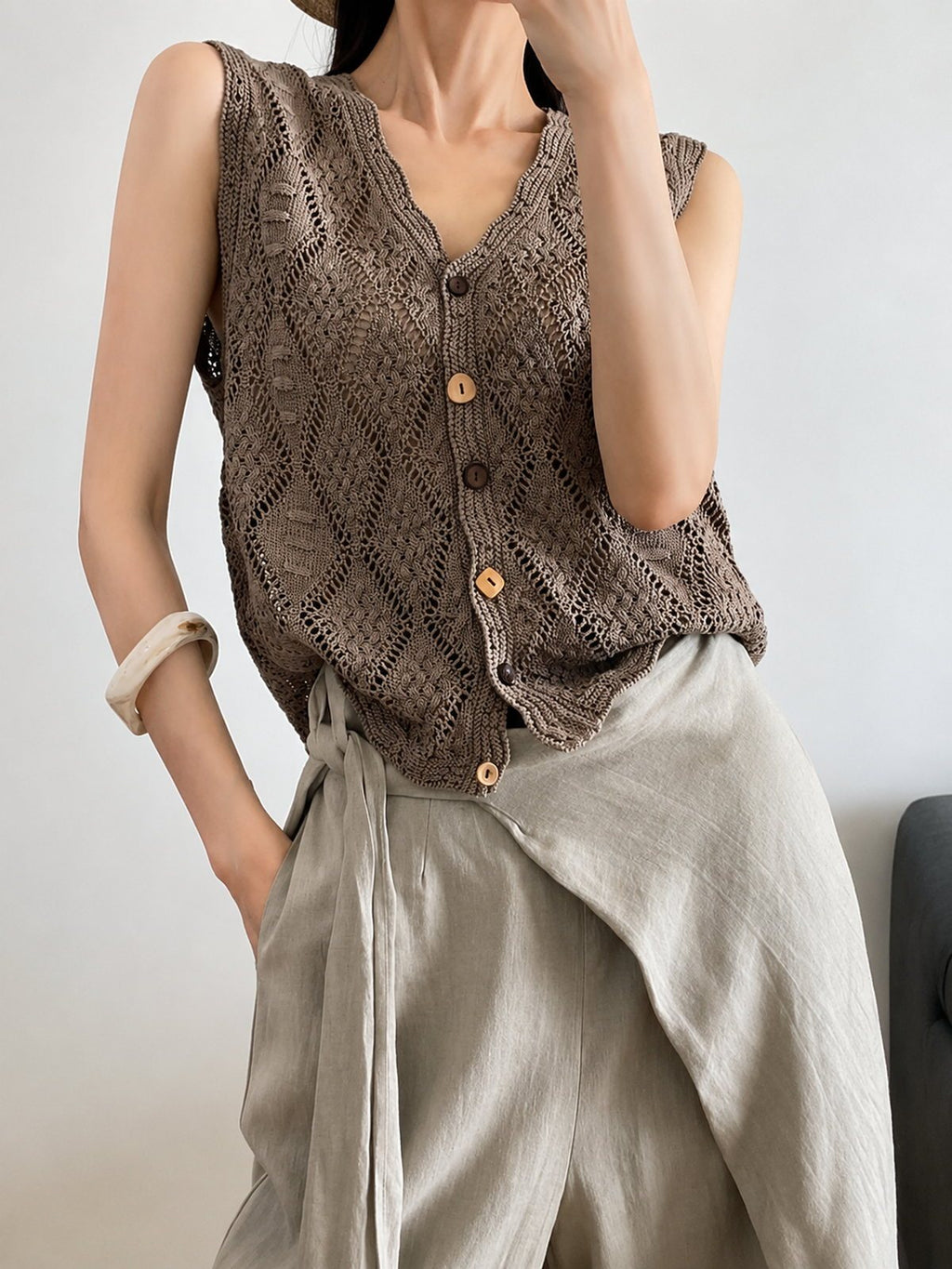 V-Neck Openwork Linen-Blend Paper Yarn Knit Vest