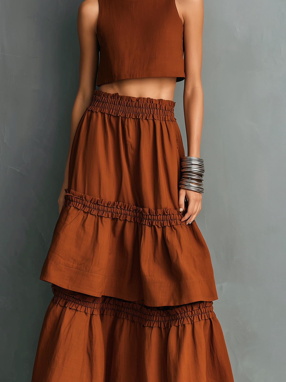 Cotton Linen Two-Piece Set Rust Brown Crop Top and Tiered Midi Skirt Boho Style Women's Outfit