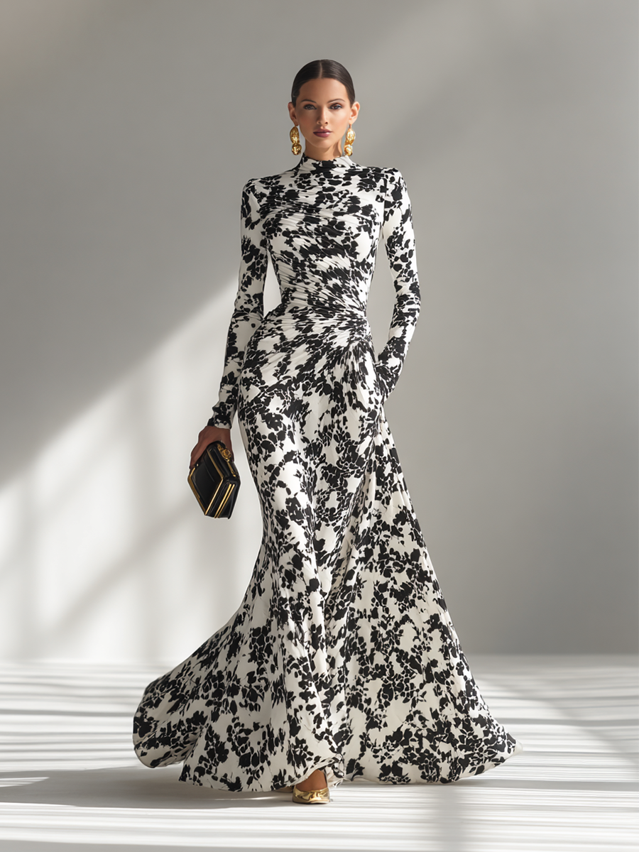 Elegant Black and White Floral Print Long Sleeve Mermaid Gown in Stretch Crepe Fabric for Formal Events
