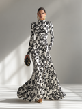 Elegant Black and White Floral Print Long Sleeve Mermaid Gown in Stretch Crepe Fabric for Formal Events