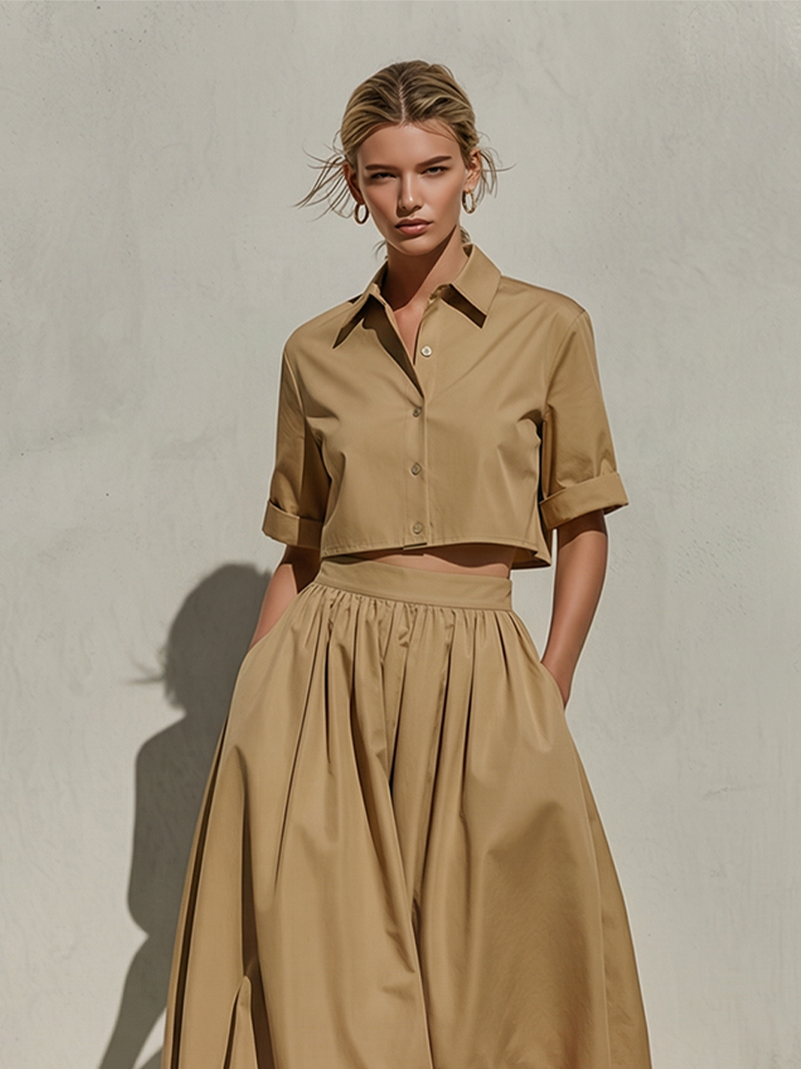Cotton Blend Pleated High Waist A-Line Midi Skirt for Women