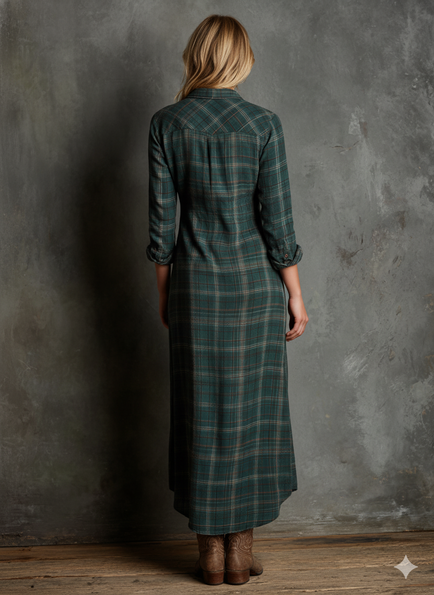 Cotton Plaid Long Shirt Dress with Button-Down Front and Deep V-Neckline