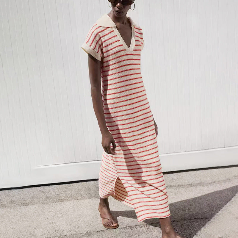 Striped V-Neck Knit Polo Maxi Dress