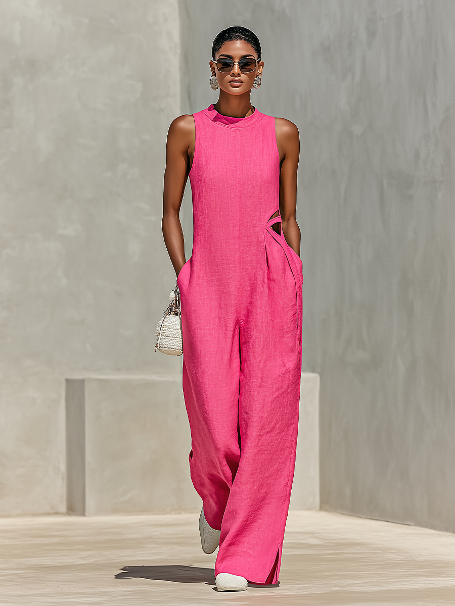 Linen Sleeveless Wide Leg Jumpsuit with Side Cutout Design for Women