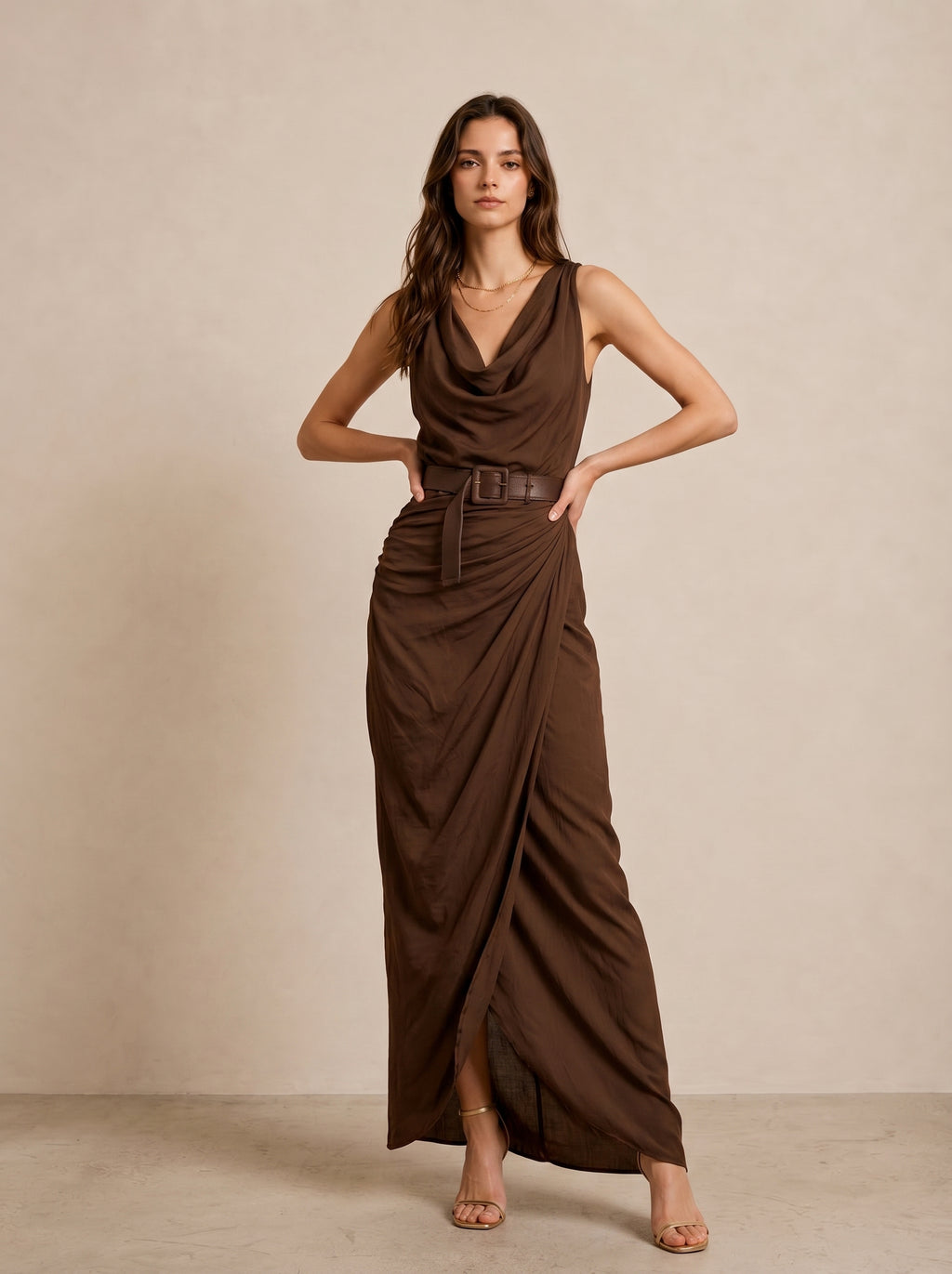 Silk-Blend Draped V-Neck Sleeveless Maxi Dress with Belted Waist