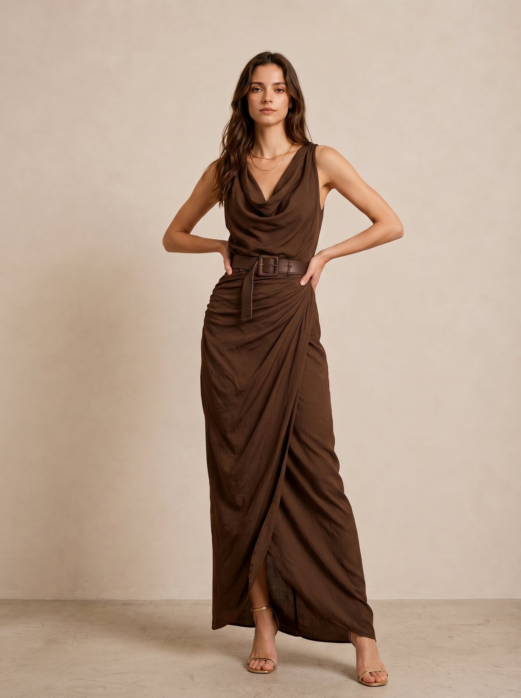 Silk-Blend Draped V-Neck Sleeveless Maxi Dress with Belted Waist