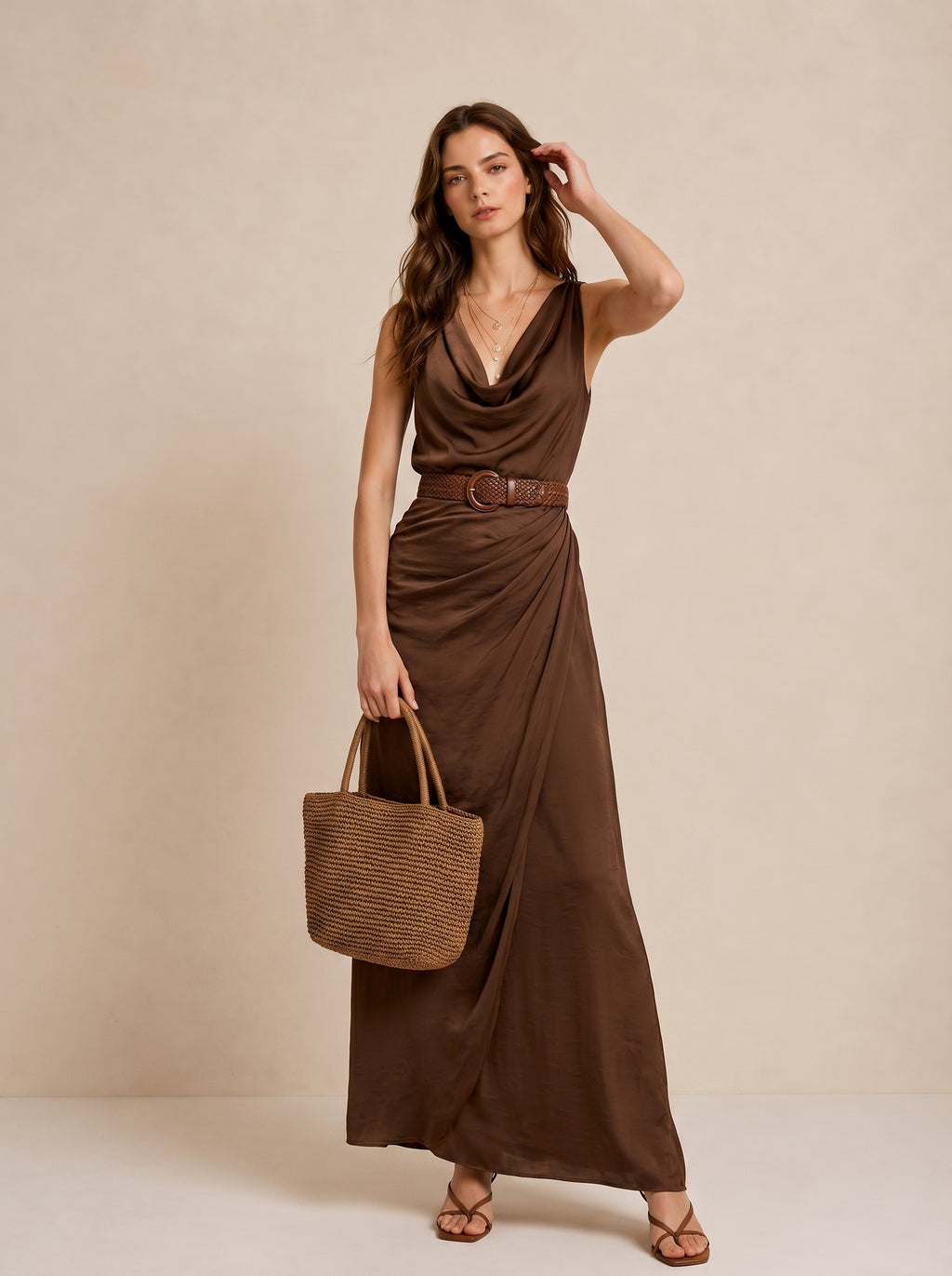 Silk-Blend Draped V-Neck Sleeveless Maxi Dress with Belted Waist