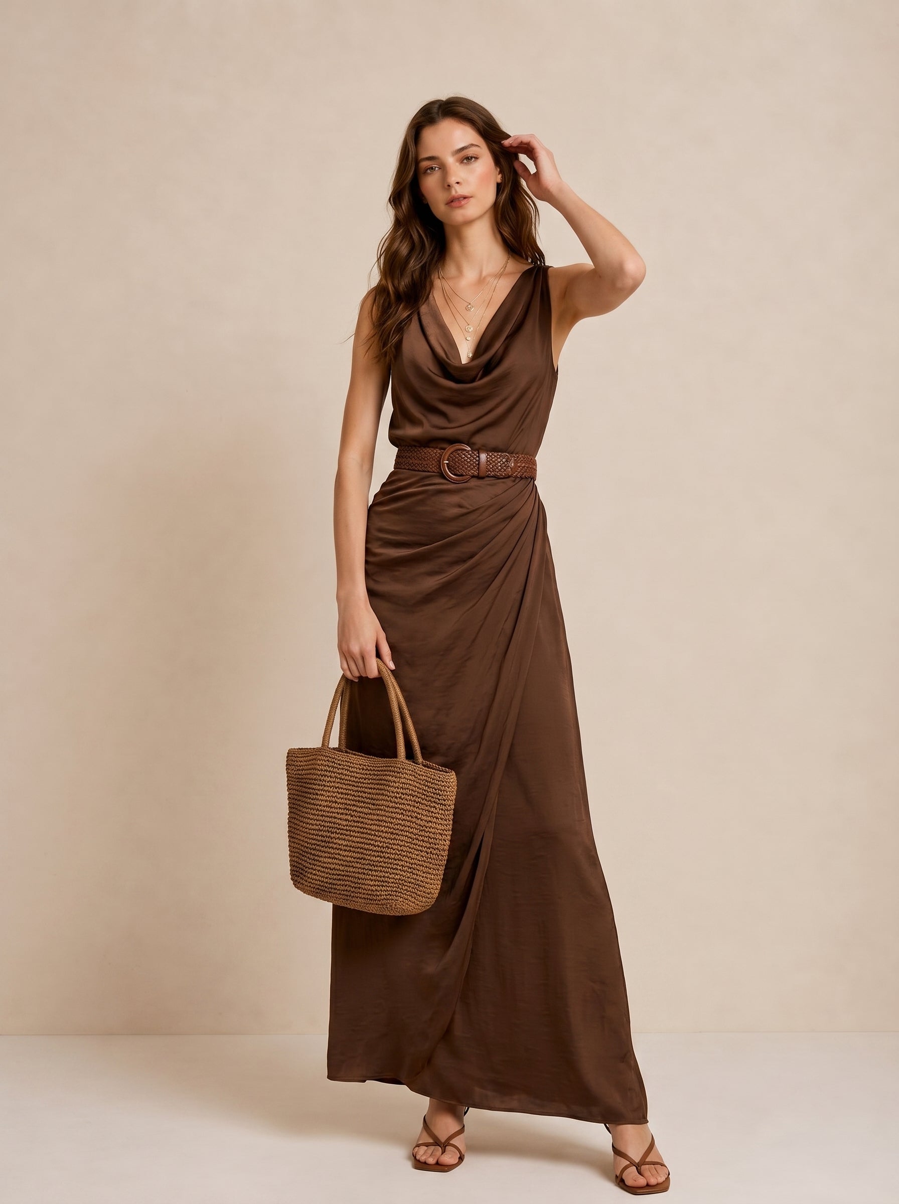 Silk-Blend Draped V-Neck Sleeveless Maxi Dress with Belted Waist