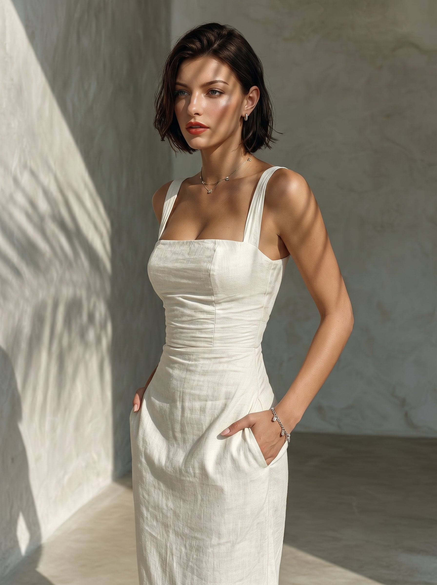 Square Neck Fitted Waist Linen Midi Dress