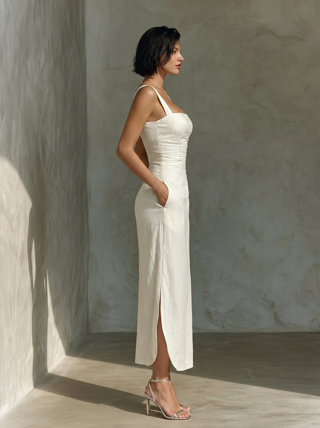 Square Neck Fitted Waist Linen Midi Dress