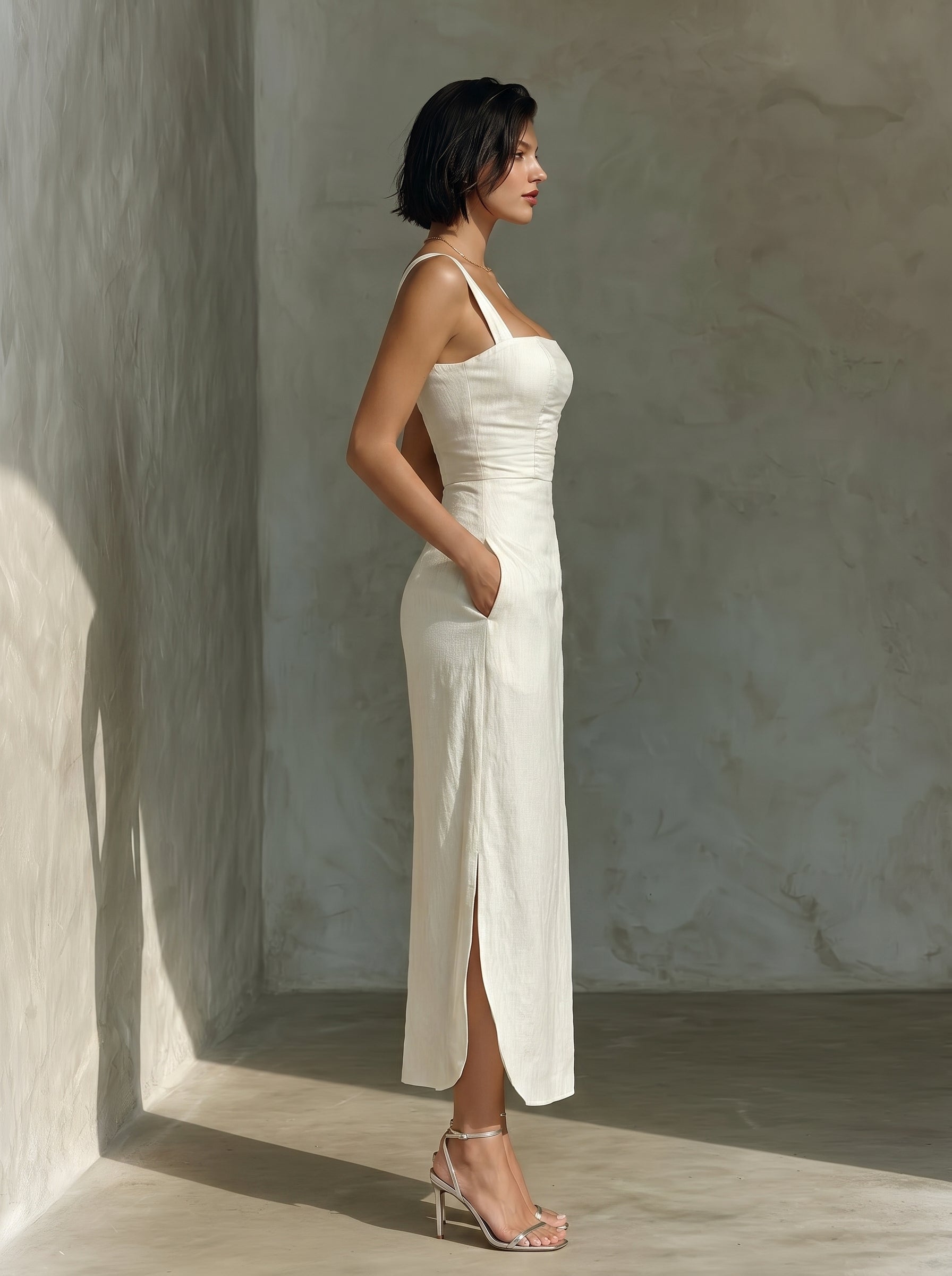 Square Neck Fitted Waist Linen Midi Dress