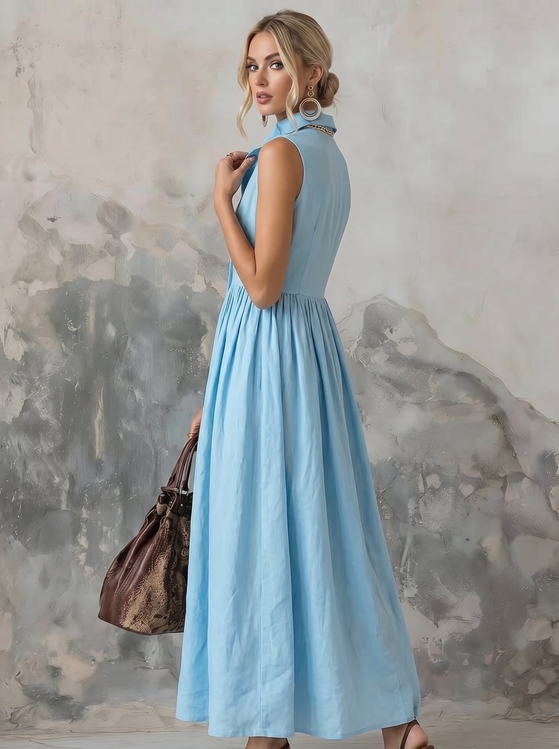Light Blue Linen Sleeveless Button-Down Maxi Dress