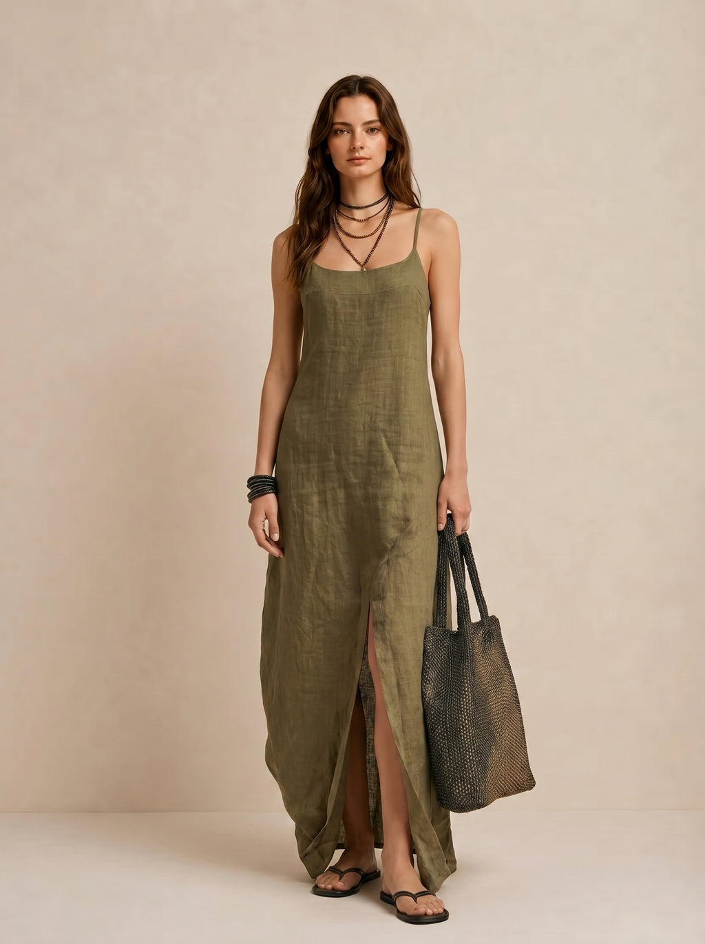Olive Green Linen Square Neck Maxi Dress