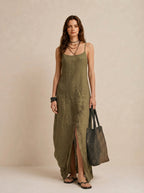 Vestido largo de lino verde oliva con escote cuadrado