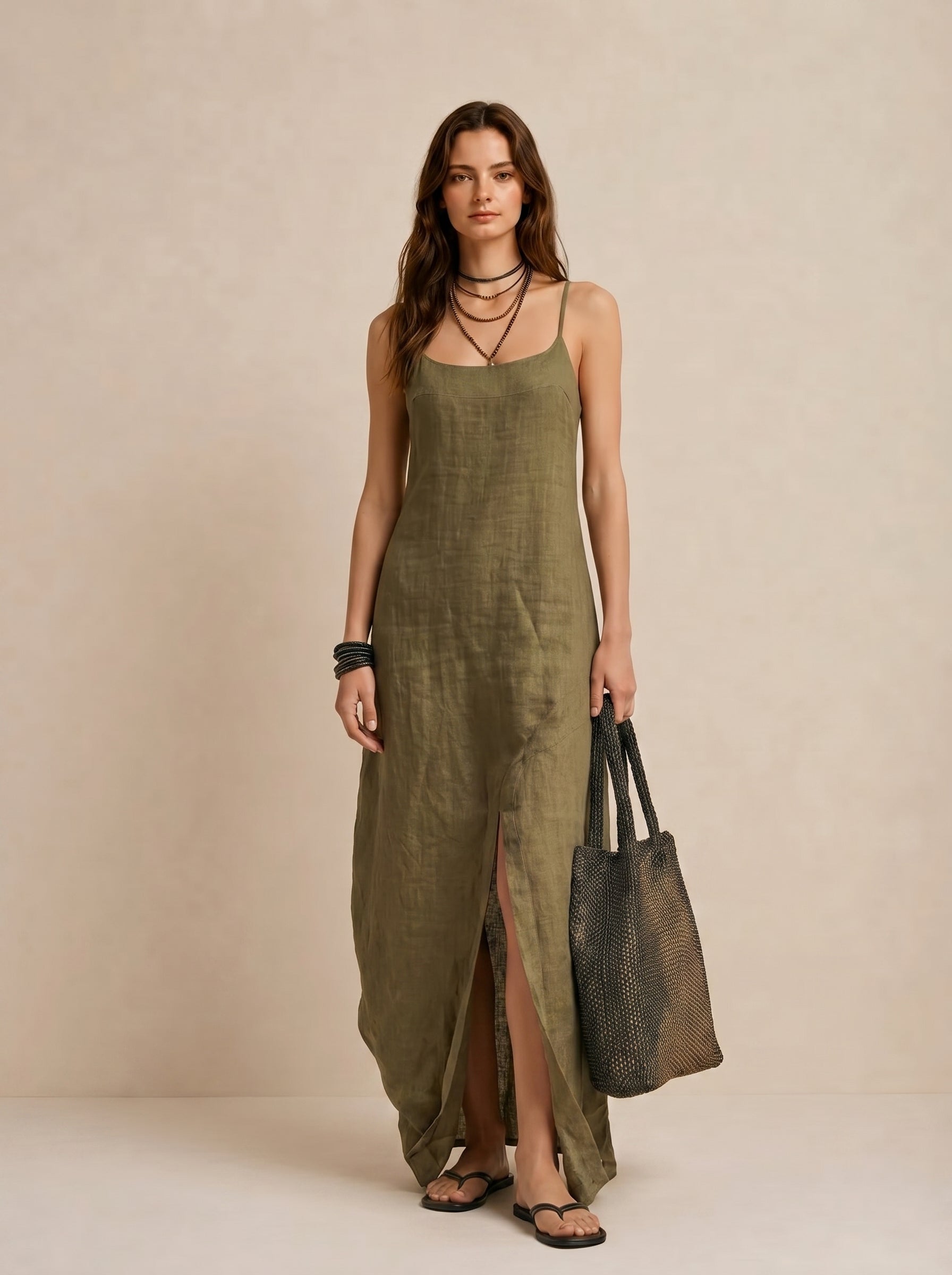 Olive Green Linen Square Neck Maxi Dress