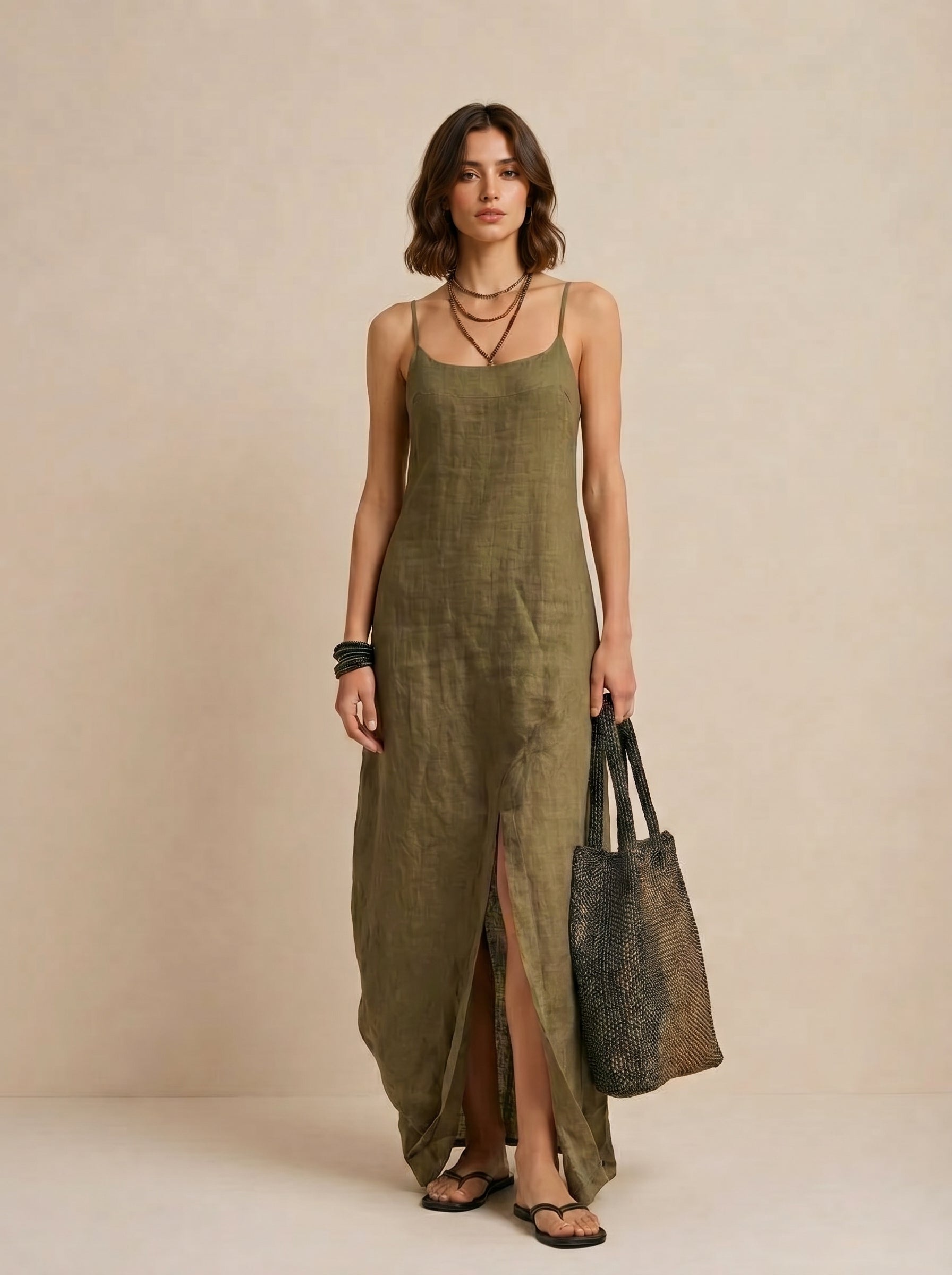 Olive Green Linen Square Neck Maxi Dress