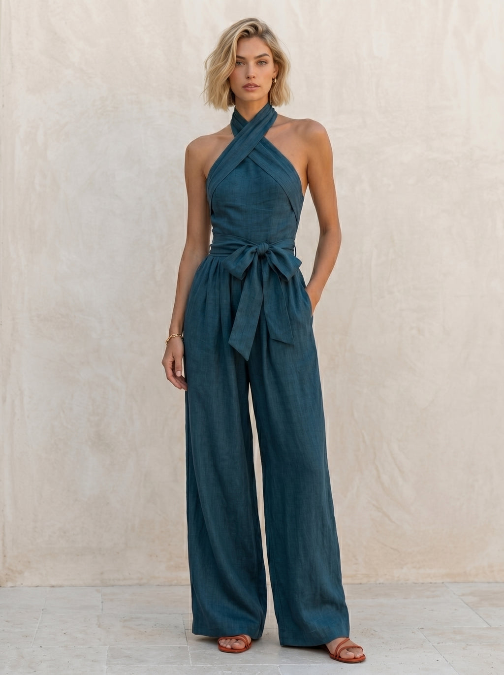 Halter Wrap Tie Waist Wide Leg Jumpsuit