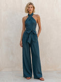 Halter Wrap Tie Waist Wide Leg Jumpsuit