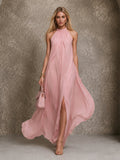 Halter Neck Flowy Chiffon Maxi Dress