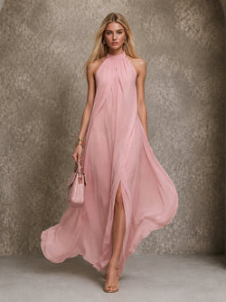 Vestido largo de gasa fluida con escote halter