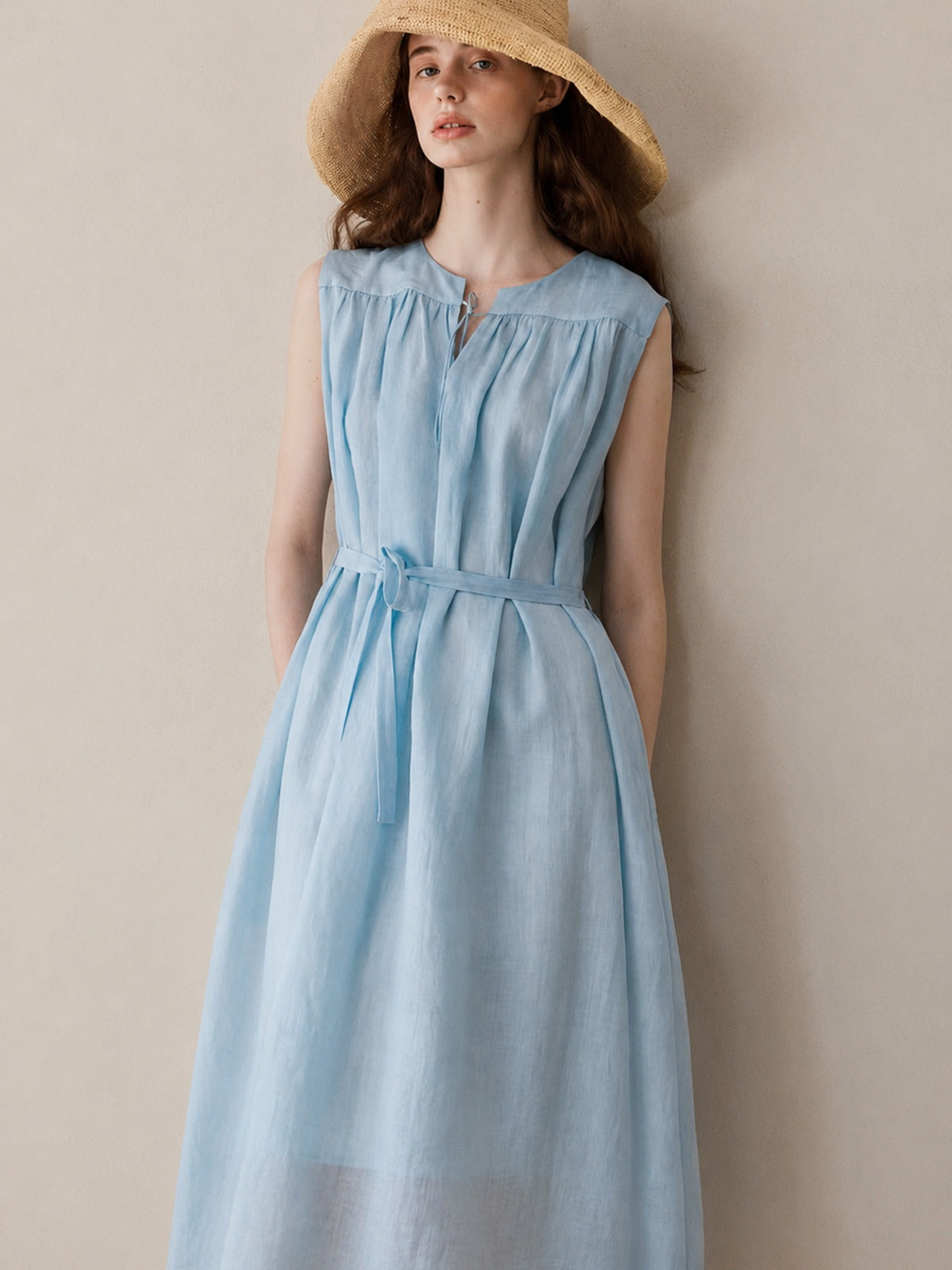 Gathered Tie-Waist Lyocell Midi Dress