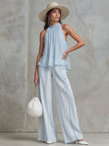 Lightweight Chiffon Halter Top with Striped Wide-Leg Pants Set
