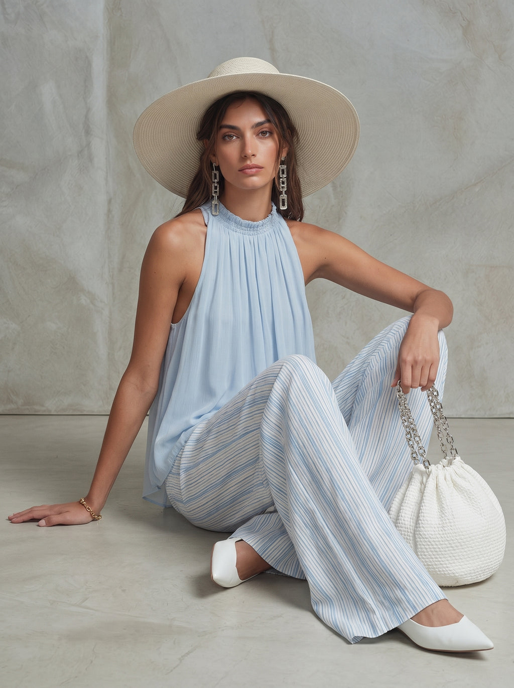 Lightweight Chiffon Halter Top with Striped Wide-Leg Pants Set