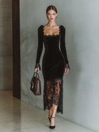 Robe midi en dentelle de velours à manches longues et encolure carrée pour femme, élégante robe de soirée