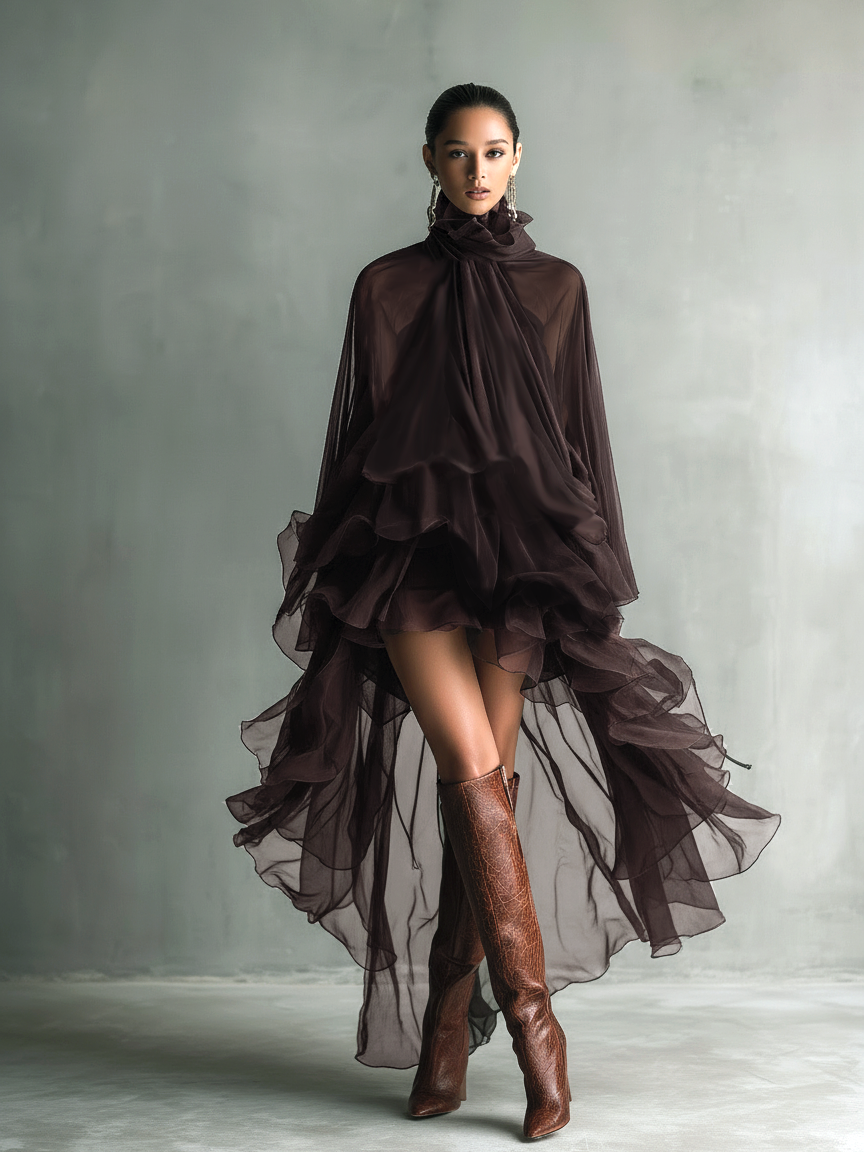 Sheer Chiffon High-Low Layered Dress with Turtleneck and Long Sleeves
