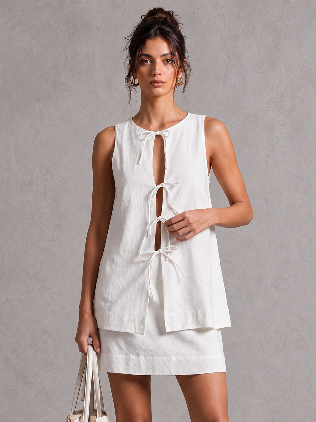 White Linen-Blend Sleeveless Layered Mini Dress