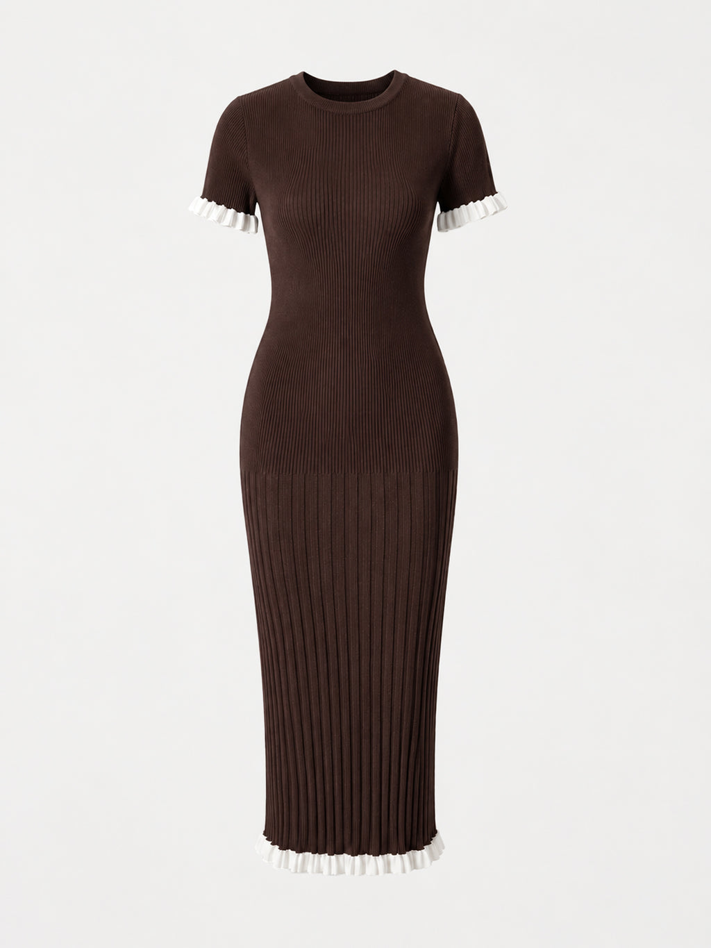 Ribbed Ruffle Trim Midi Bodycon Dress