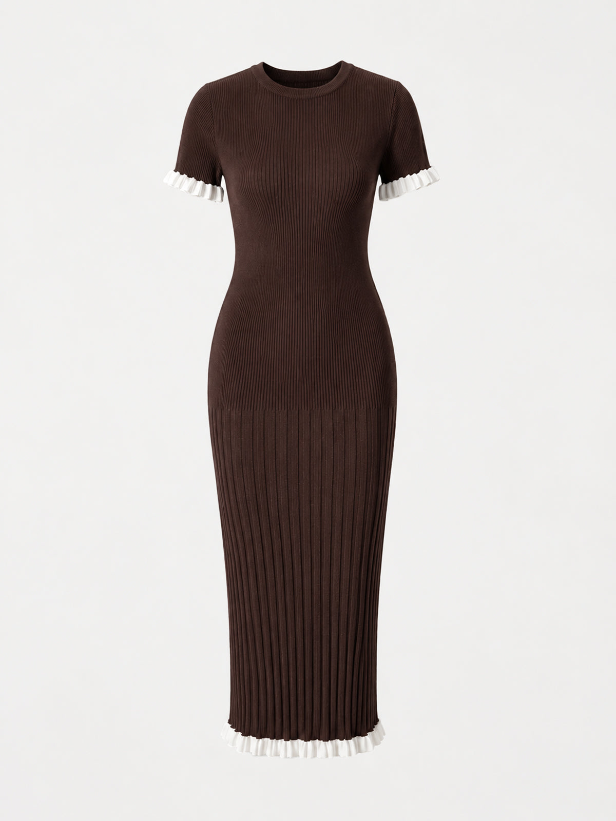 Ribbed Ruffle Trim Midi Bodycon Dress
