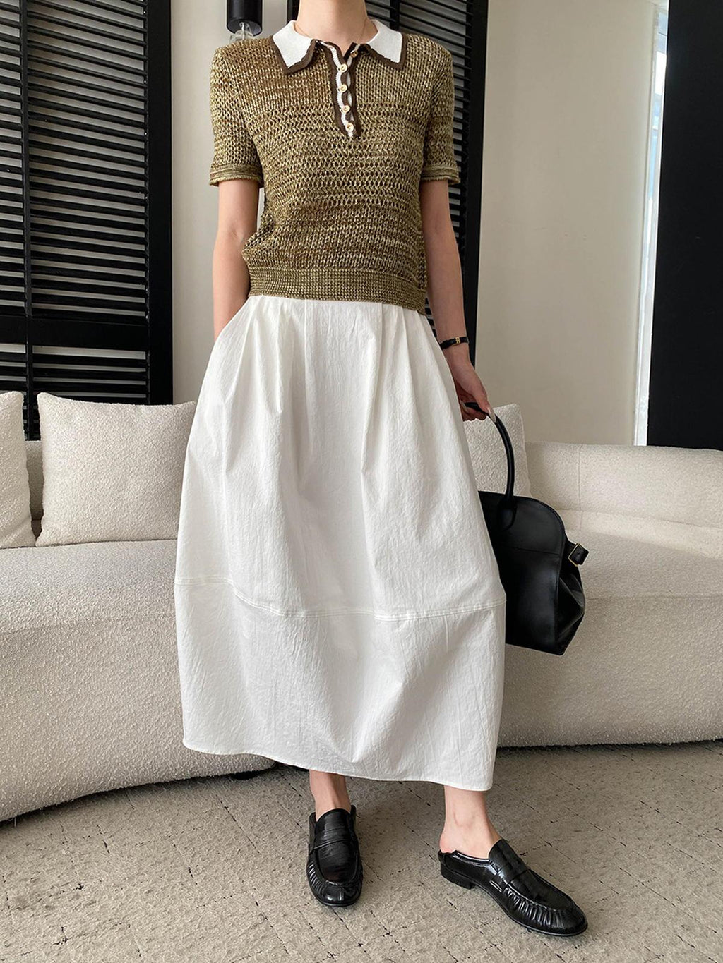Contrast-Collar Pointelle Knit Polo