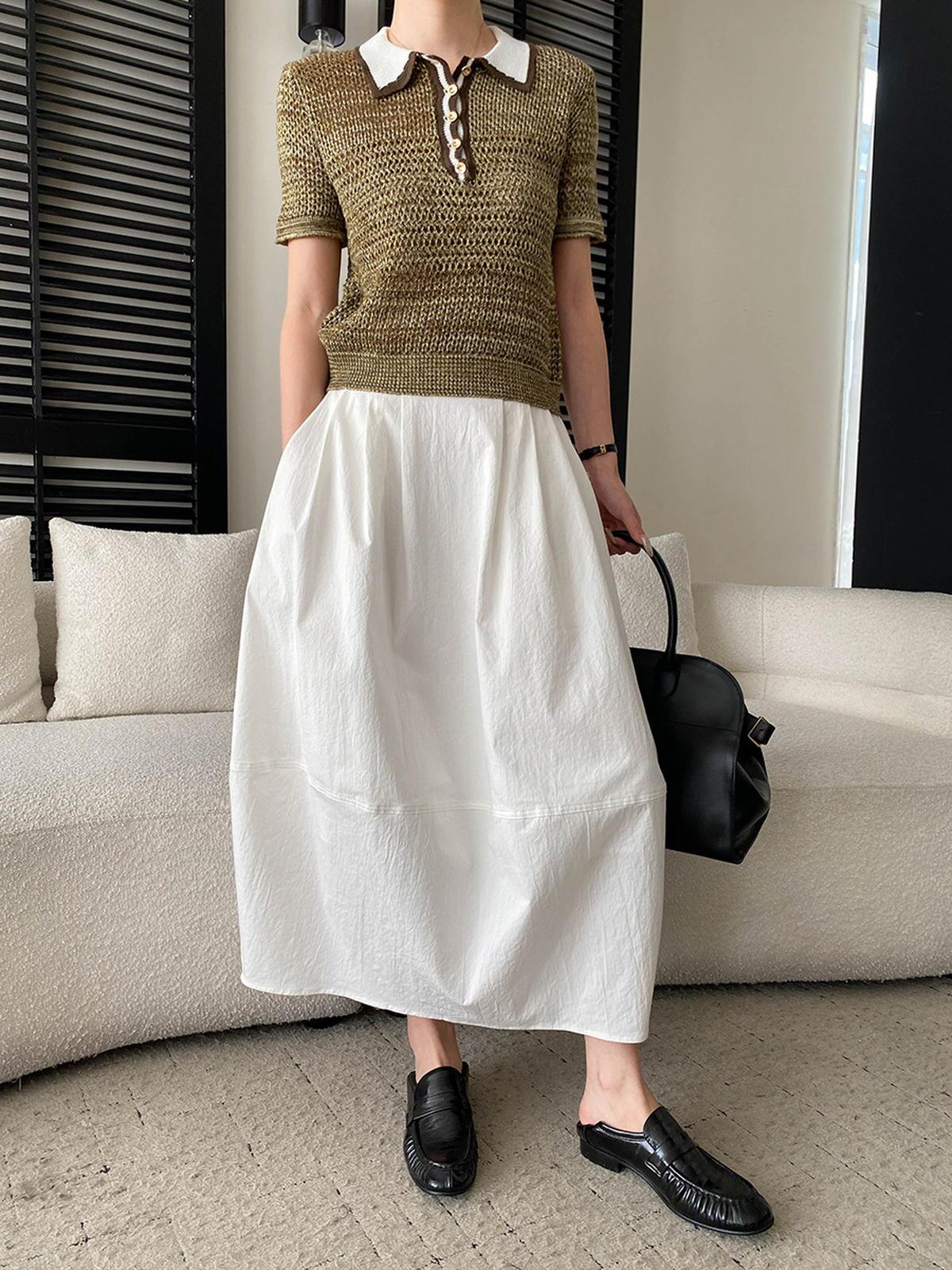 Contrast-Collar Pointelle Knit Polo