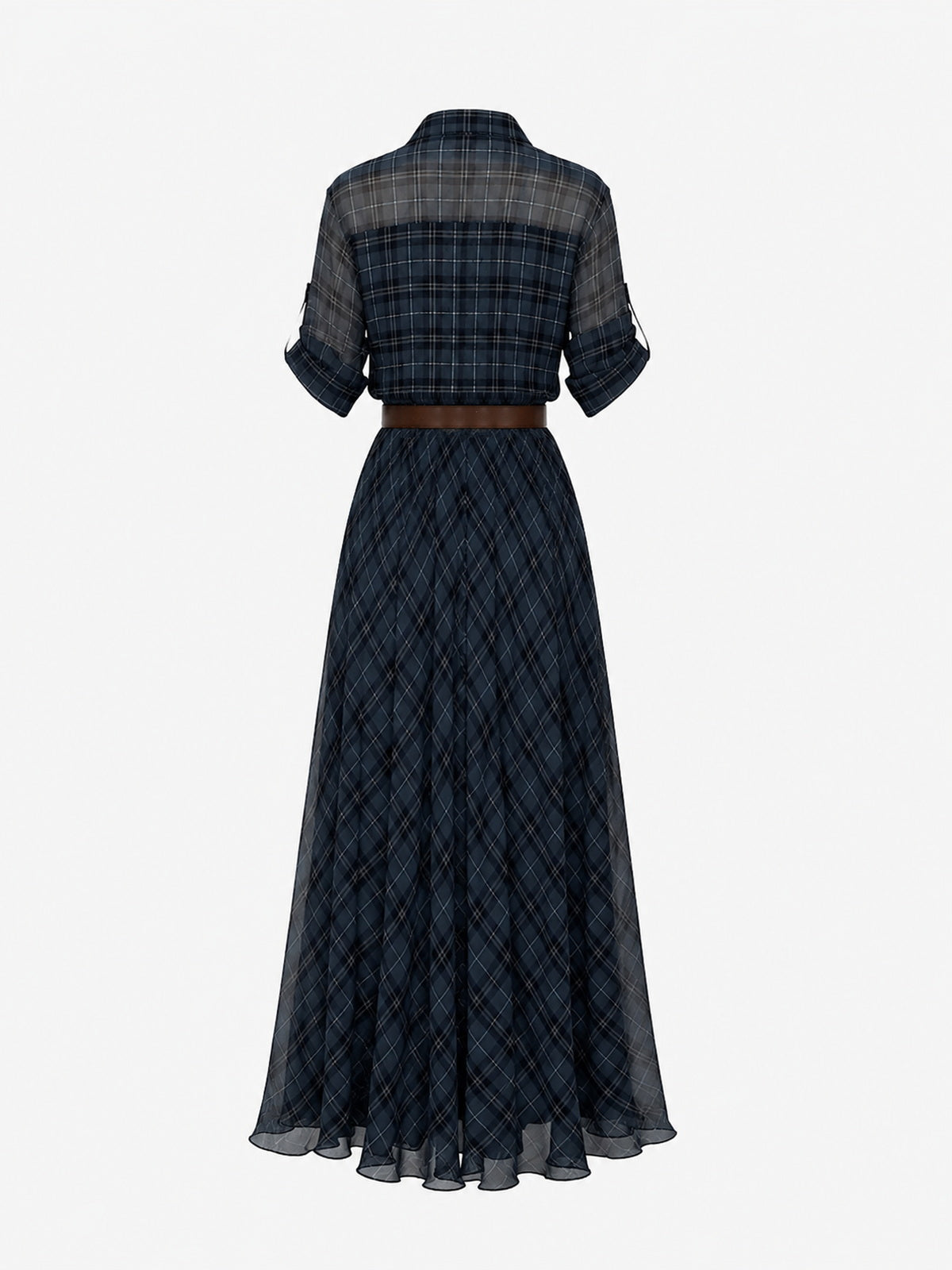 Lined Belted Plaid Shirt Maxi Dress(Two Piece)