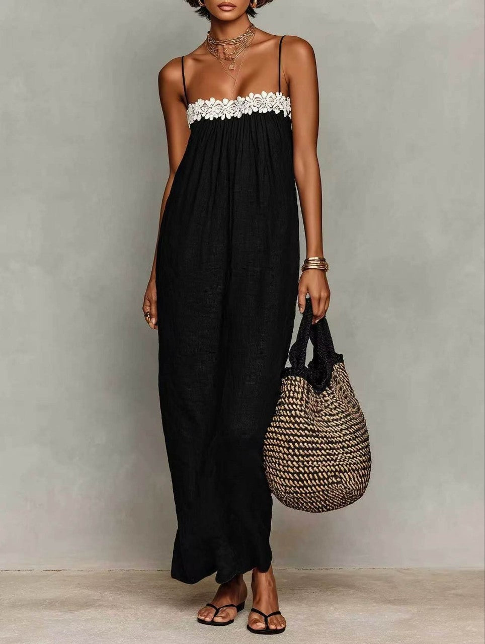 Lace Trim Spaghetti Strap Flowy Maxi Dress