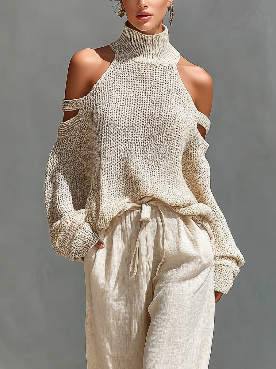 Knit Wool Off-Shoulder High Neck Sweater Set with Linen Wide Leg Pants