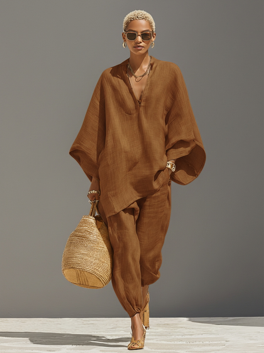 Linen Women's Boho Oversized V-Neck Tunic Top & Matching Pants Set