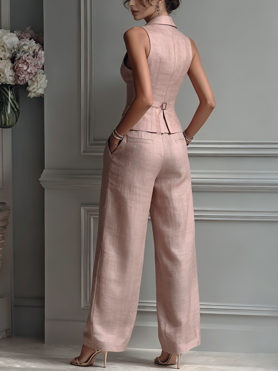 Linen Sleeveless Blazer Set for Women Pink Wide Leg Pants Suit Elegant Workwear Office Outfit