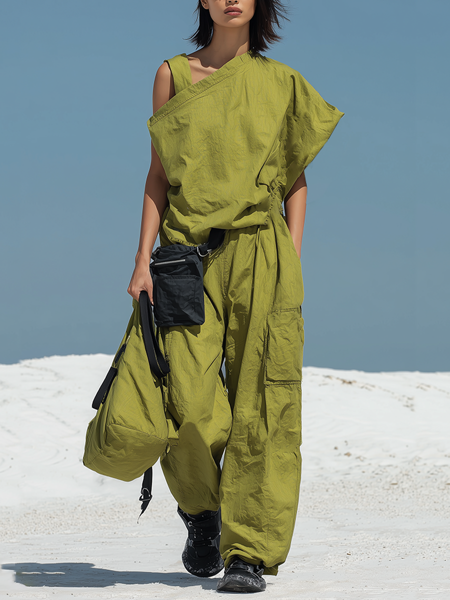 Cotton Linen Asymmetrical Sleeveless Jumpsuit with Cargo Pockets and Drawstring Waist